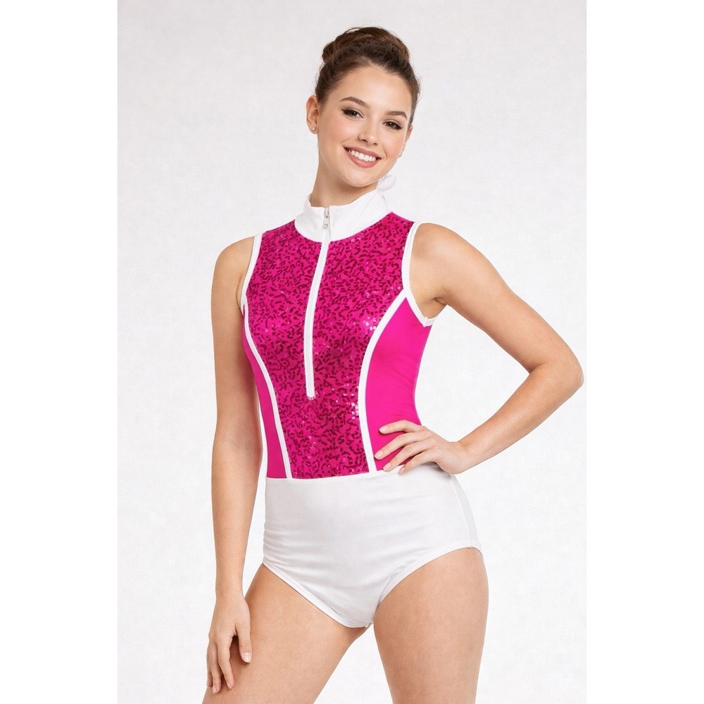 Weissman Adult Small Sequin Dance Leotard Pink White Zip Front Costume SA